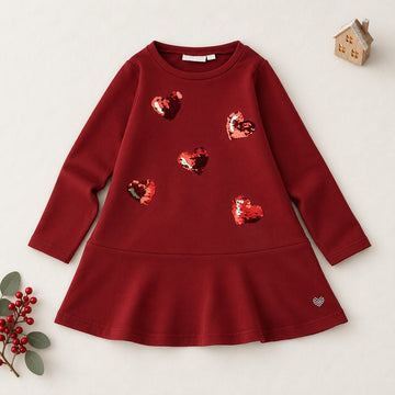 Abito natalizio bambina bordeaux Sarabanda in cotone con cinque cuori di paillettes