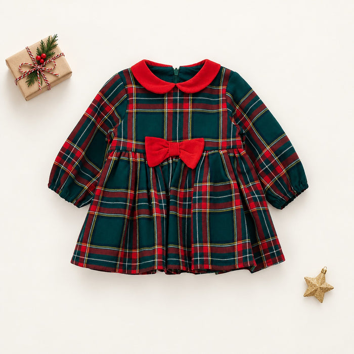 Abito natalizio bimba tartan verde e rosso con colletto e fiocco rosso in vita