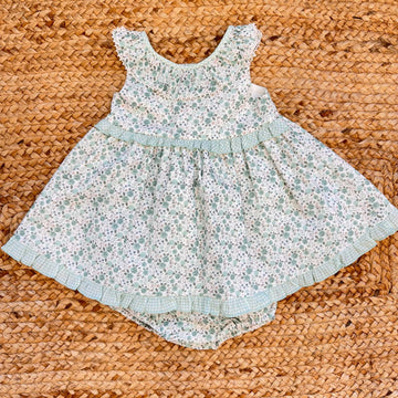 abito neonata floreale verde salvia elegante con culotte