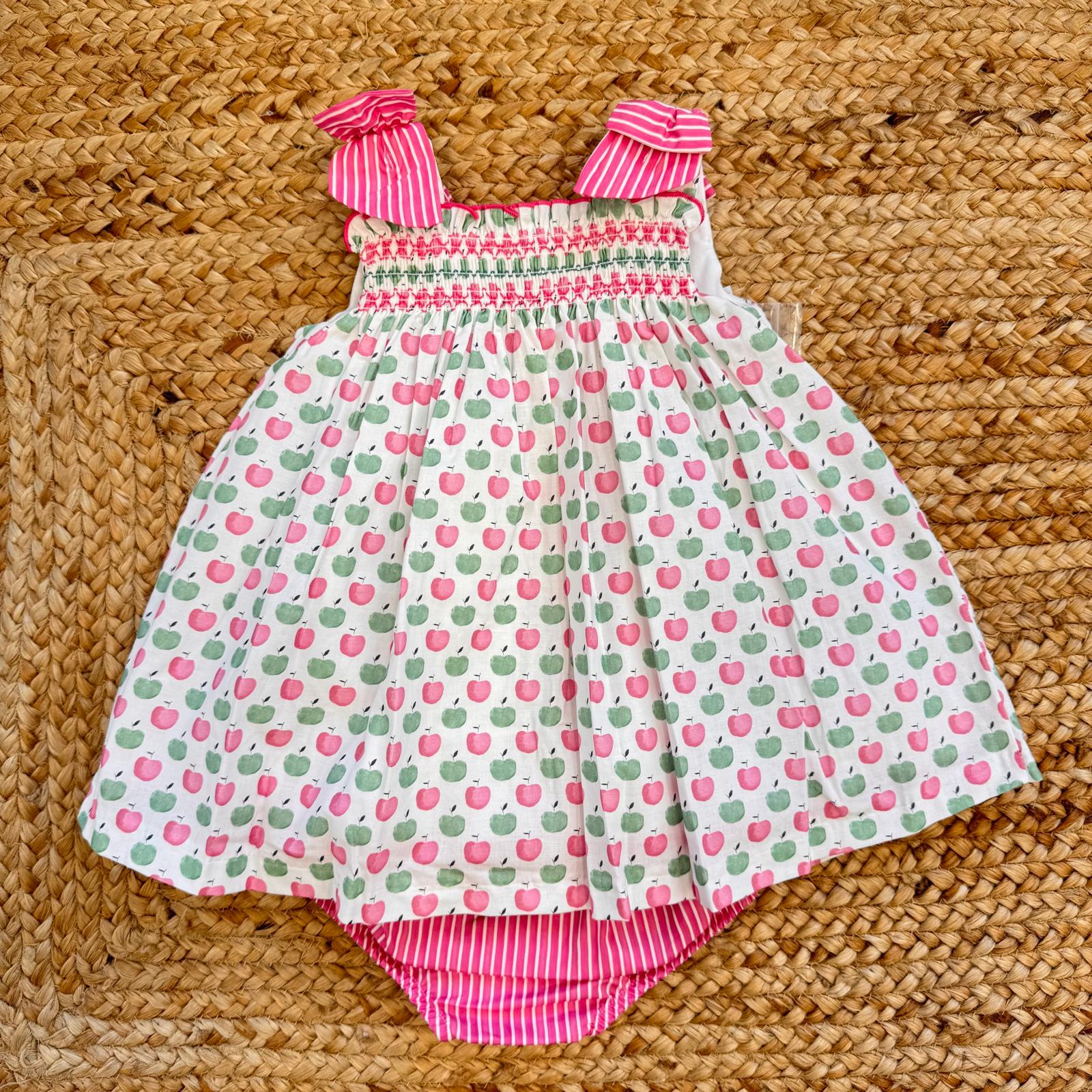 abito neonata cotone fantasia mele rosa verde