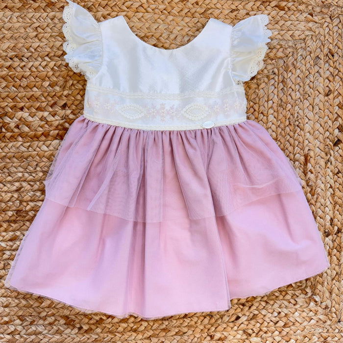 abito neonata primo compleanno panna rosa tulle