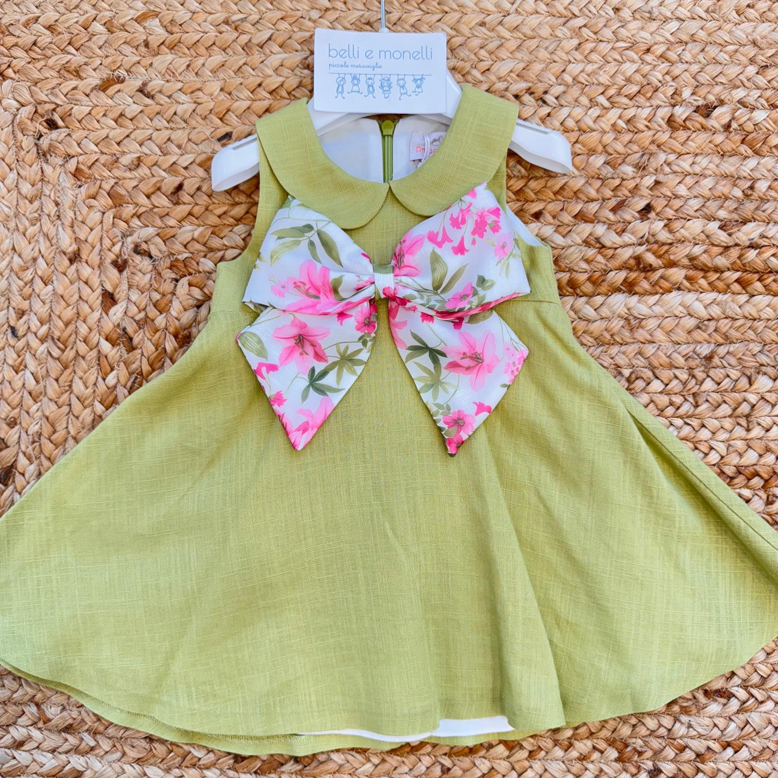 abito neonata verde primo compleanno con fiocco floreale