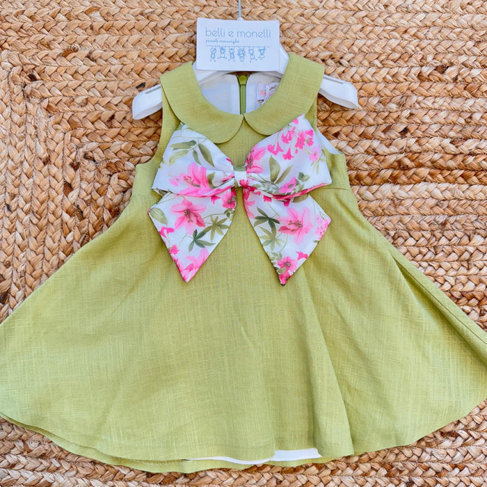 abito neonata verde primo compleanno con fiocco floreale