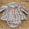Abito pagliaccetto bimba floreale rosa con culotte coordinata e colletto volant