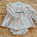 Abito pagliaccetto bimba floreale Yoedu con punto smock e pagliaccetto coordinato