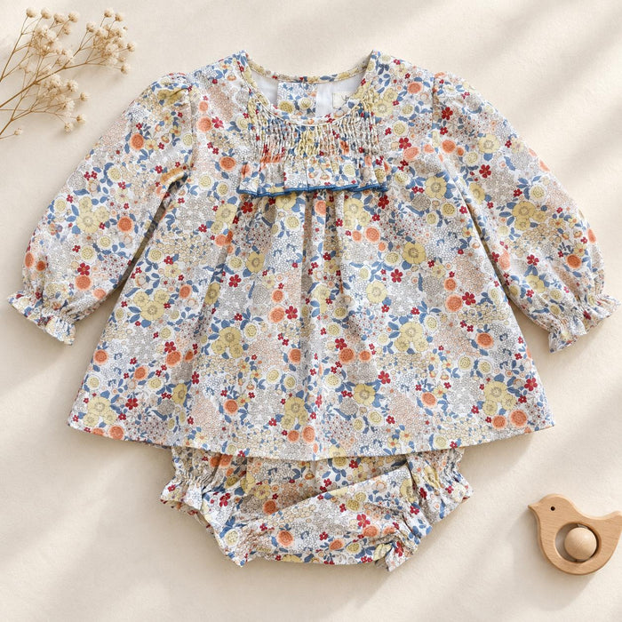 Abito pagliaccetto bimba floreale Yoedu con punto smock e pagliaccetto coordinato