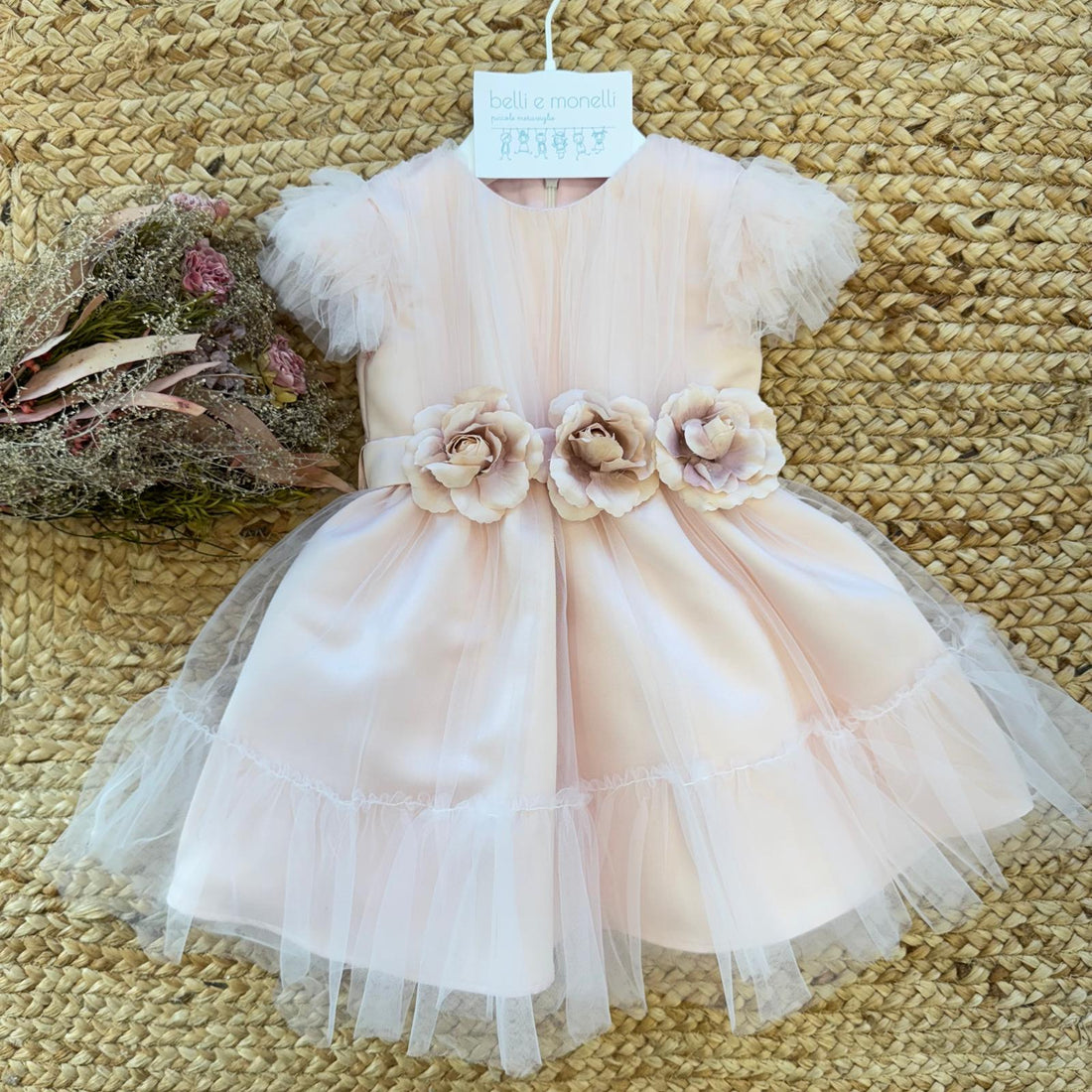 abito primo compleanno bimba rosa cipria con fiori 3d
