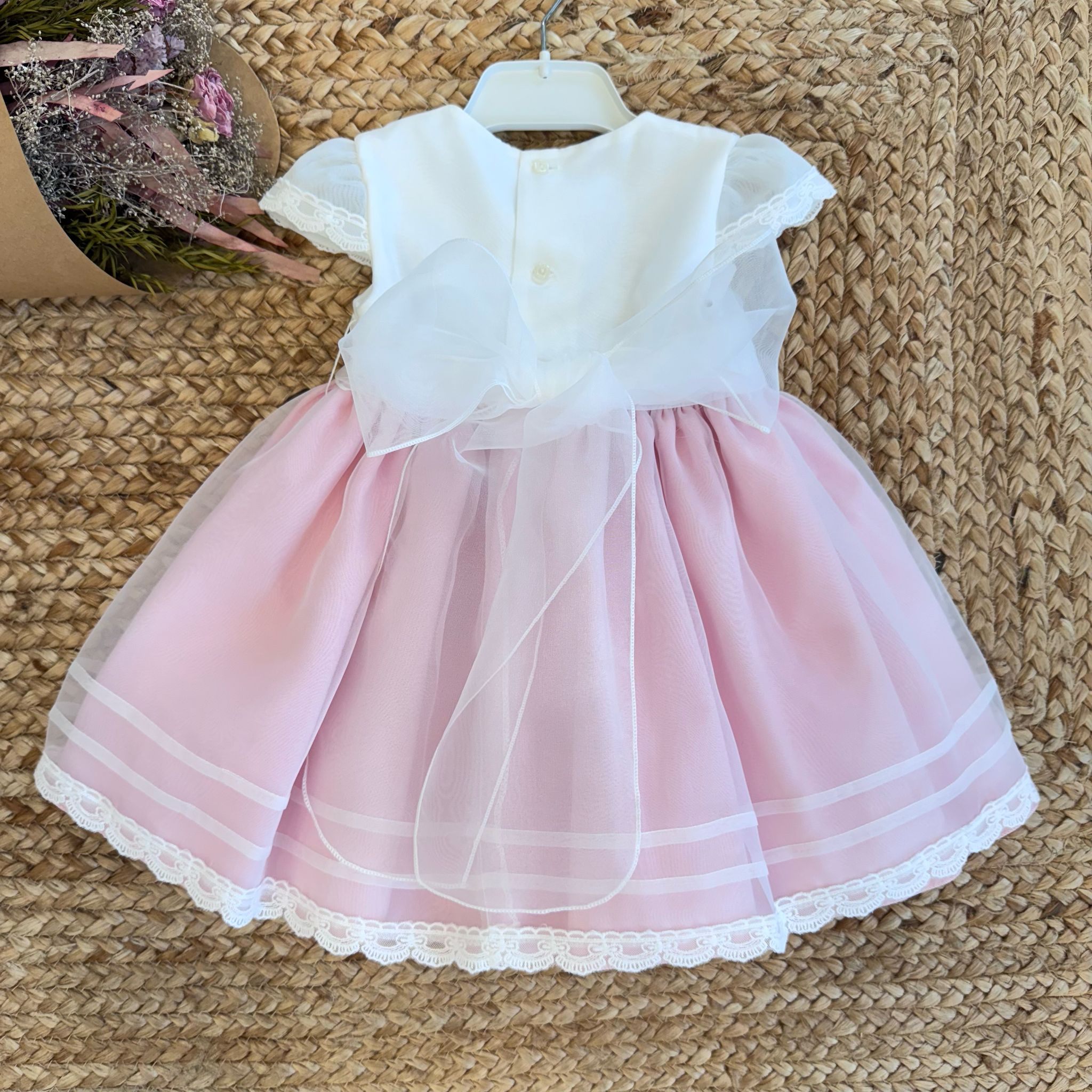 Retro abito rosa neonata con fiocco in organza