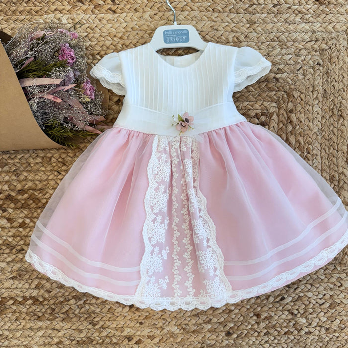 Abito rosa neonata con fiore in vita e pizzo

