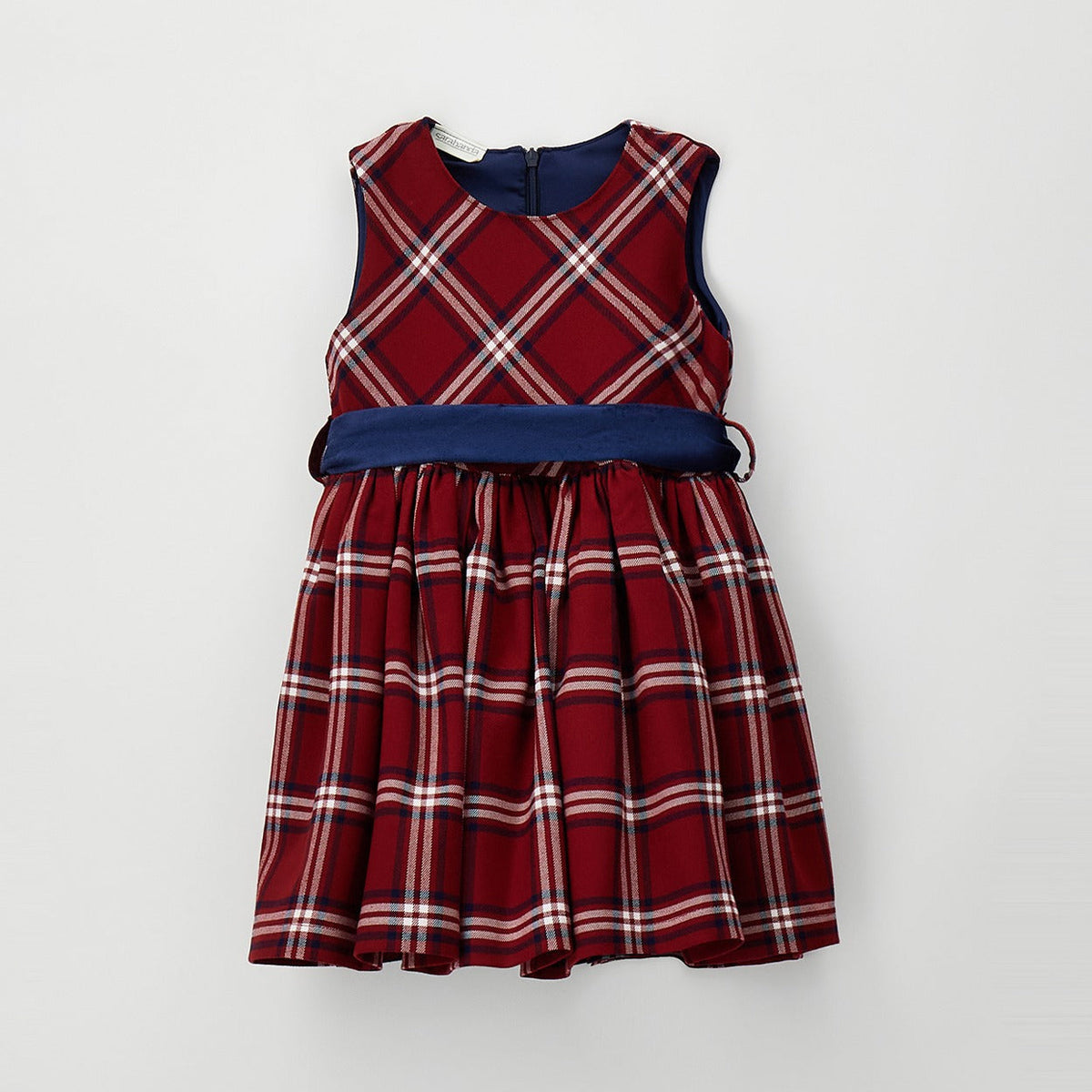 	Abito scozzese bambina Sarabanda rosso con fantasia tartan e fascia blu in vita