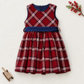 	Abito scozzese bambina Sarabanda rosso con fantasia tartan e fascia blu in vita
