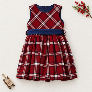 	Abito scozzese bambina Sarabanda rosso con fantasia tartan e fascia blu in vita