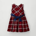 	Abito scozzese bambina Sarabanda rosso con fantasia tartan e fascia blu in vita