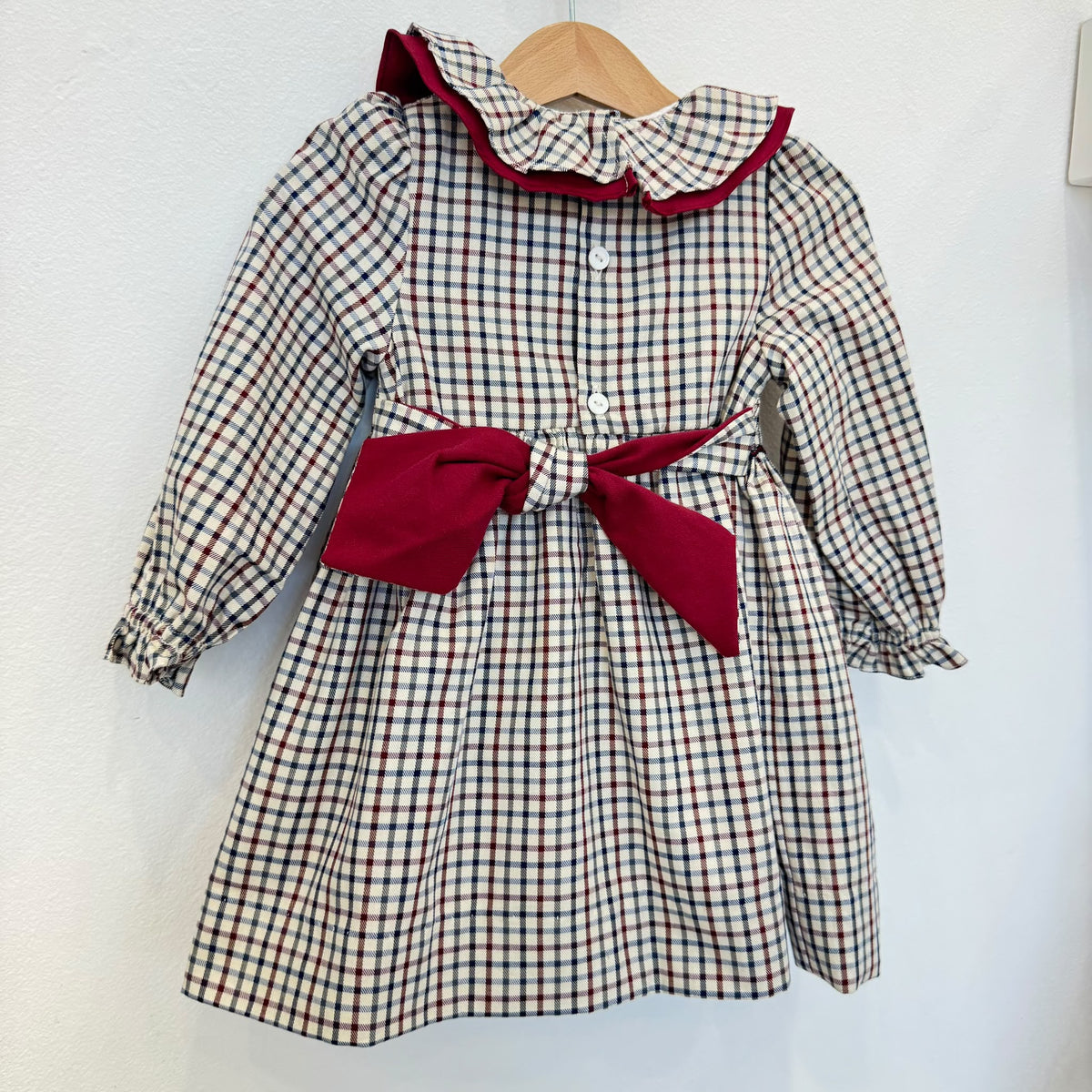 Abito bimba tartan punto smock con dettagli bordeaux