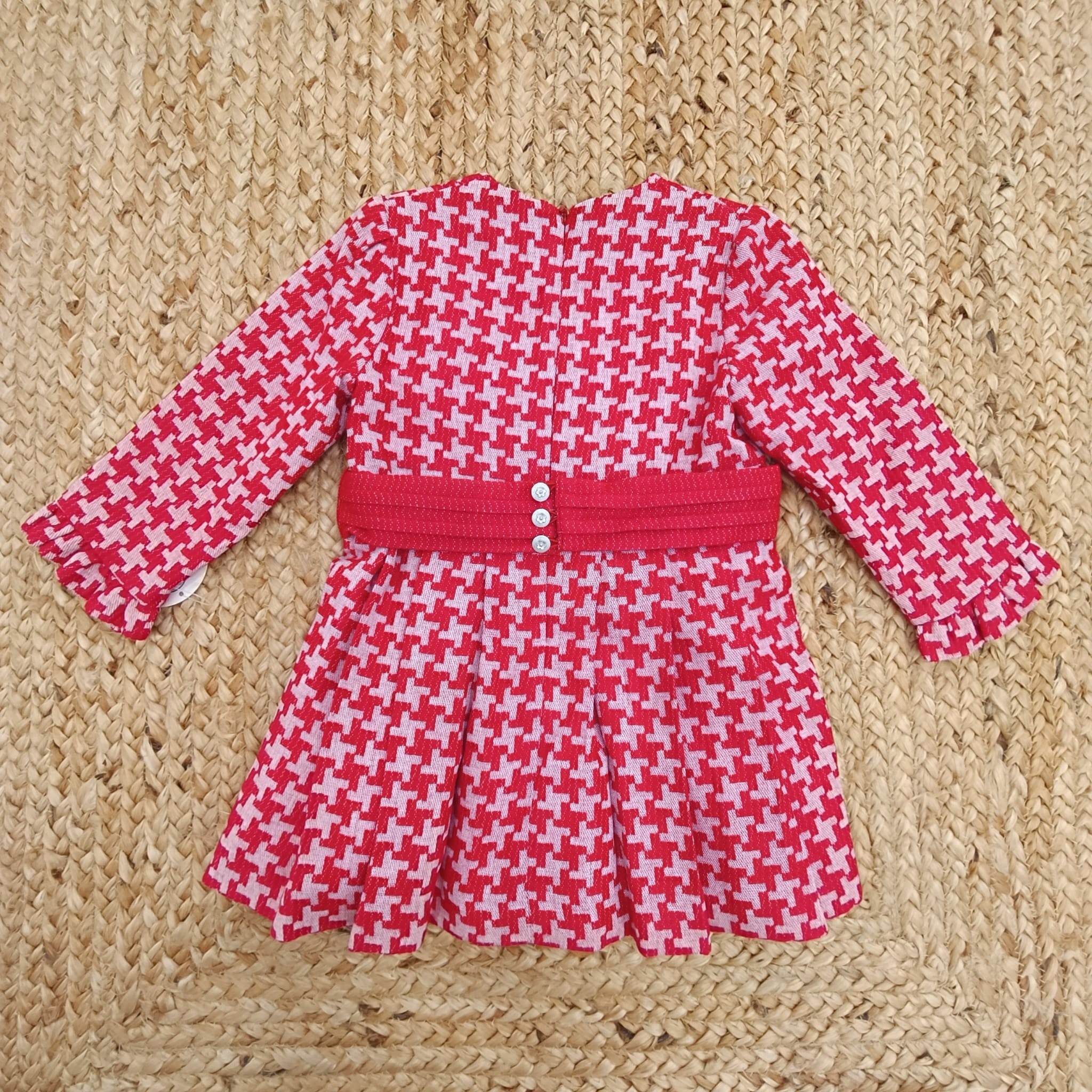 Abito Pied de Poule Rosso con Gonna a Pieghe