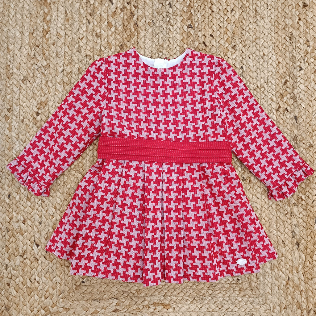 Abito Pied de Poule Rosso con Gonna a Pieghe