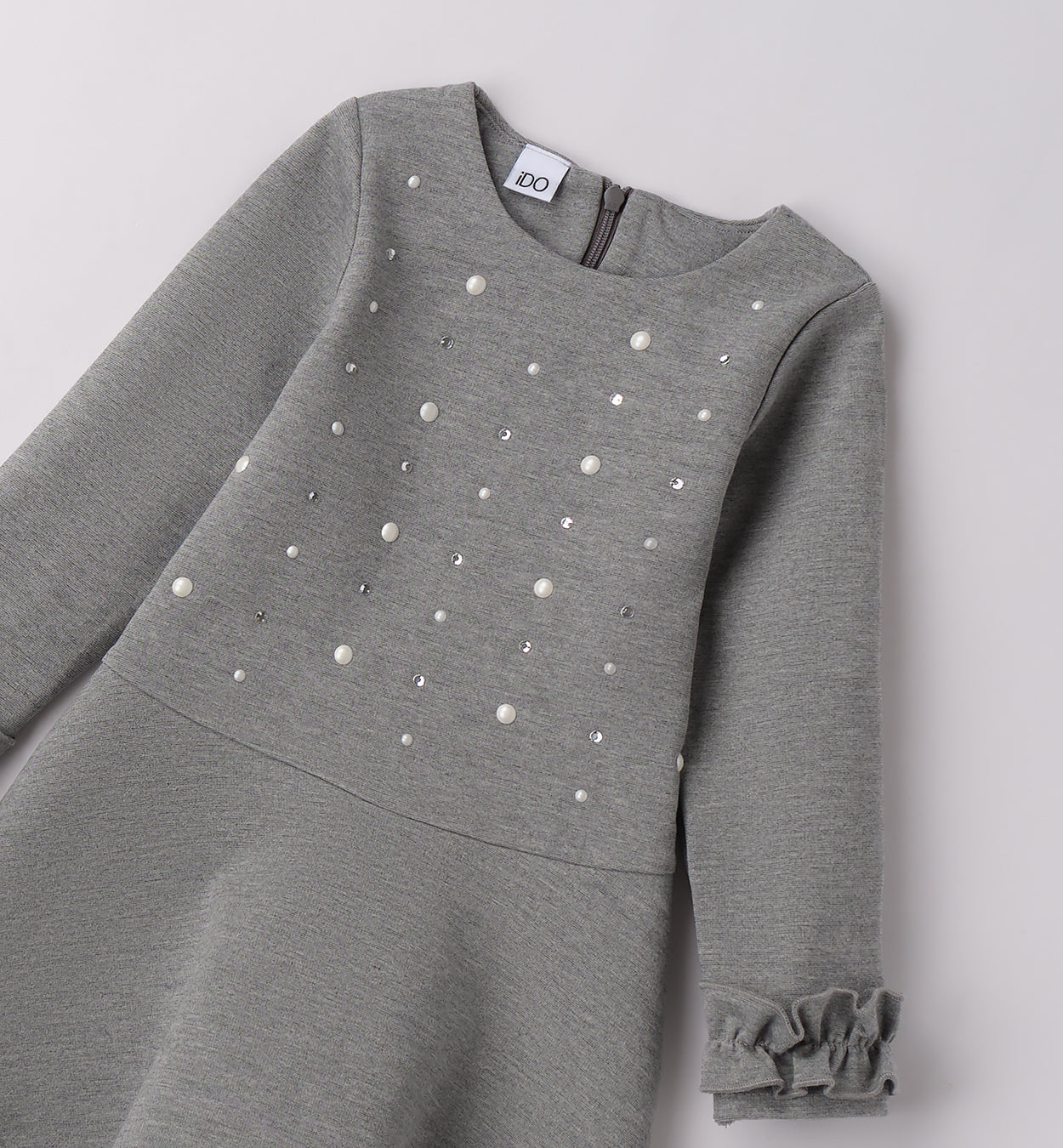 abito bambina elegante grigio con perle e dettagli luminosi