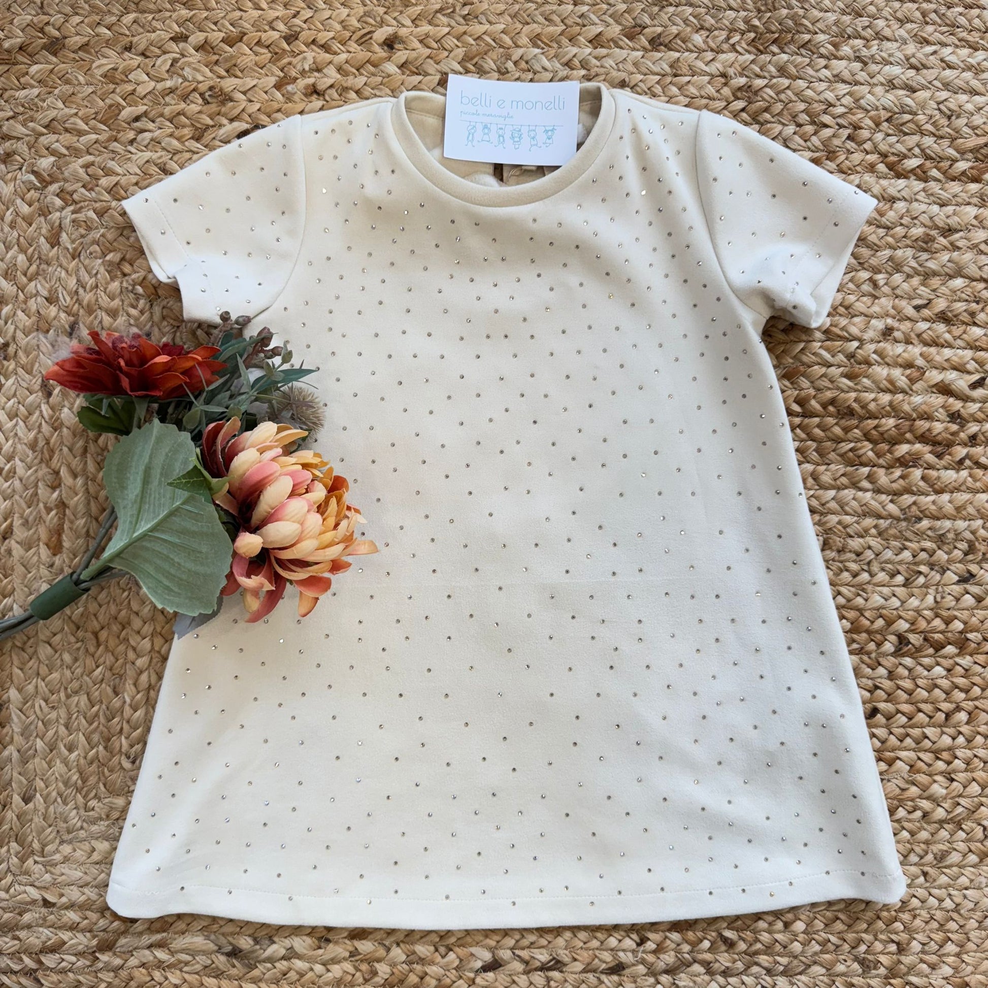 abito bambina in velluto panna con strass applicati