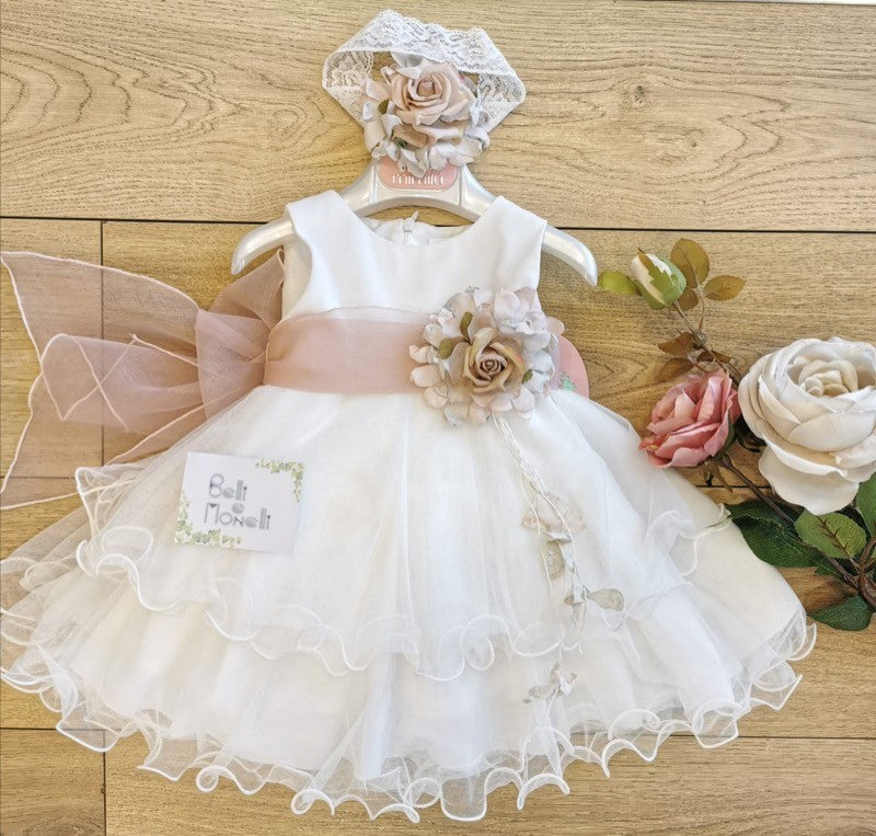 abito bimba, abito battesimo, tulle, cintura in organza, fiore realizzato a mano, moda bimba, vestiti cerimonia, abiti eleganti.