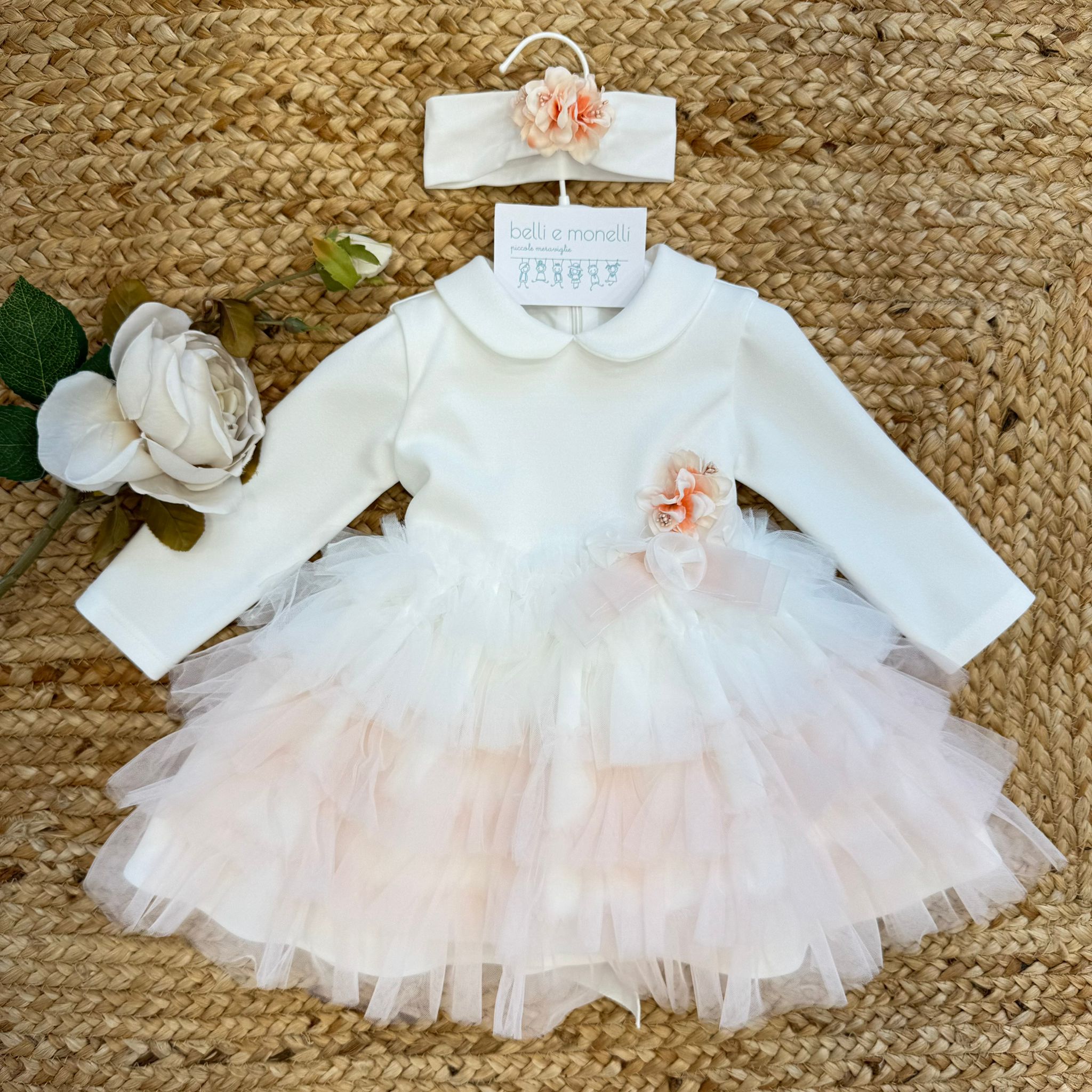 abito battesimo bimba in tulle rosa pesca con fascia
