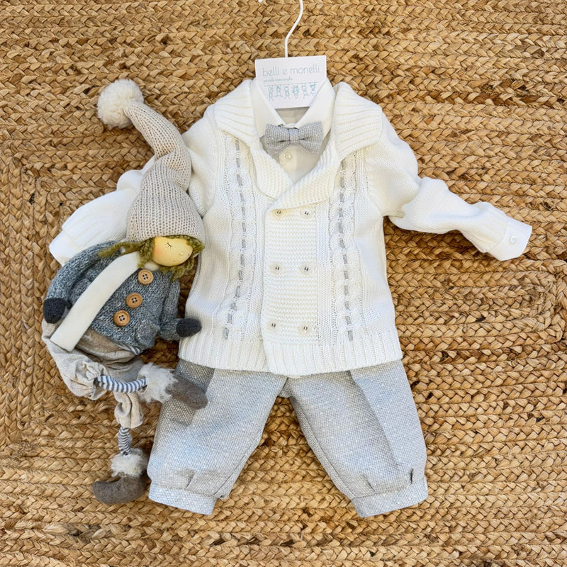 abito battesimo bimbo con papillon grigio e cardigan bianco