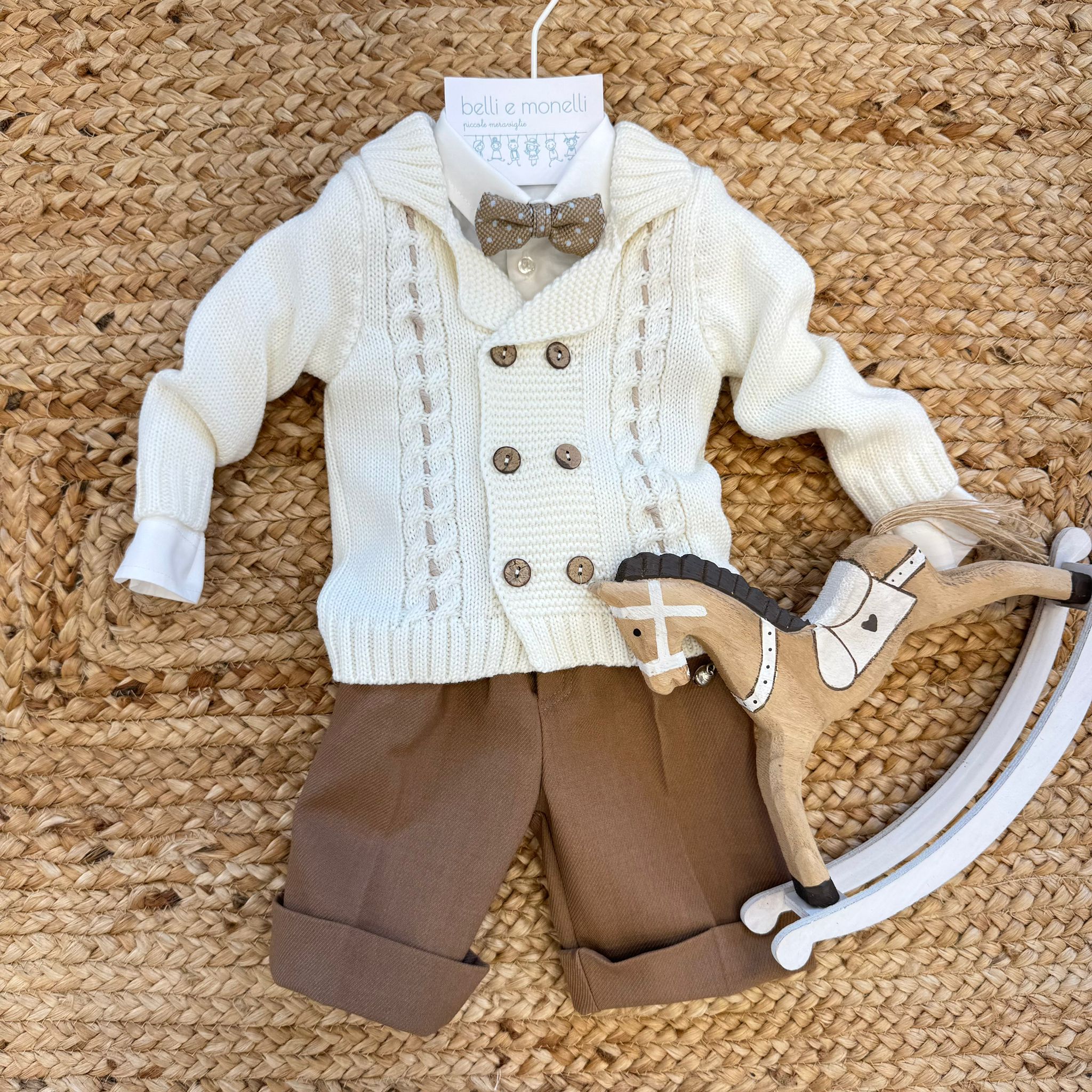 abito battesimo bimbo con papillon, pantaloni e cardigan
