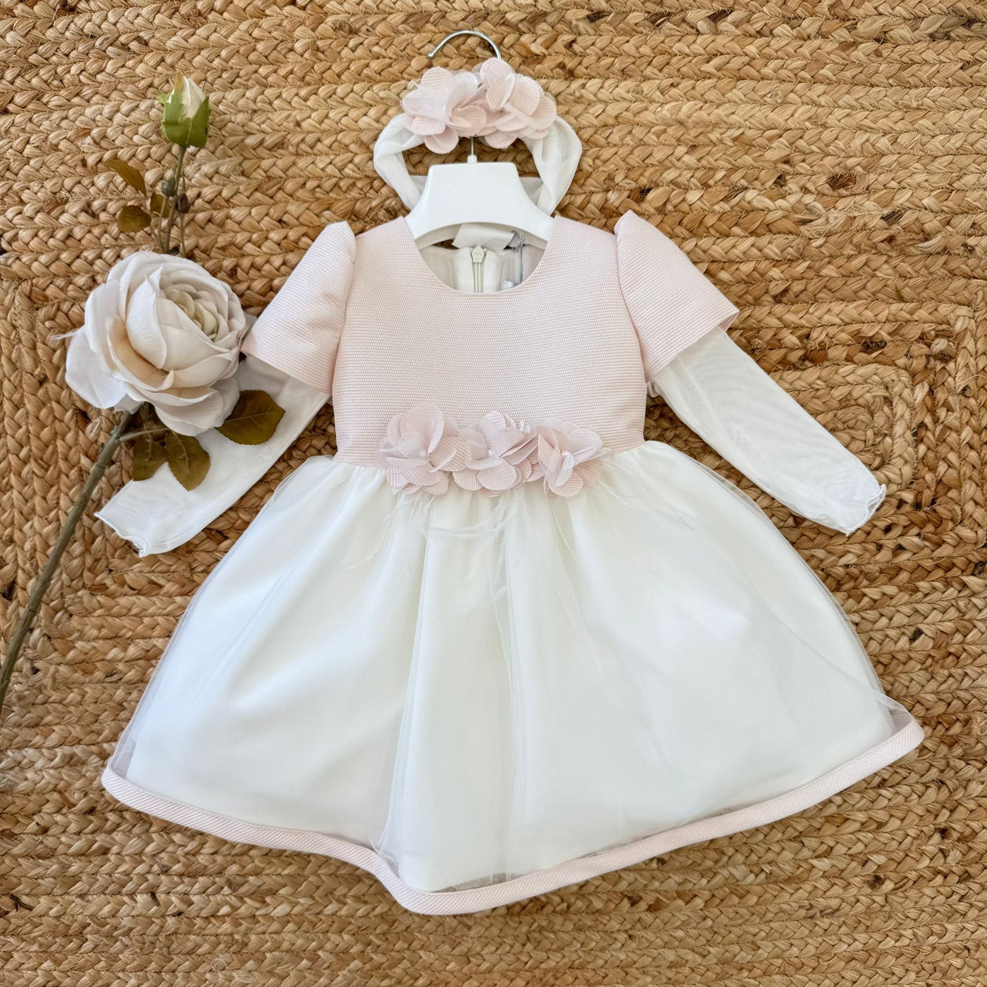 abito battesimo neonata tulle panna rosa cipria con fiori