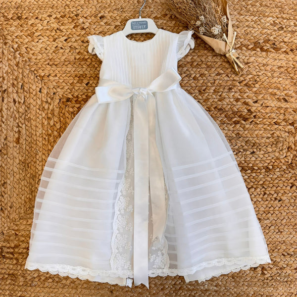 Abito battesimo neonata con pieghe plissé e pizzo