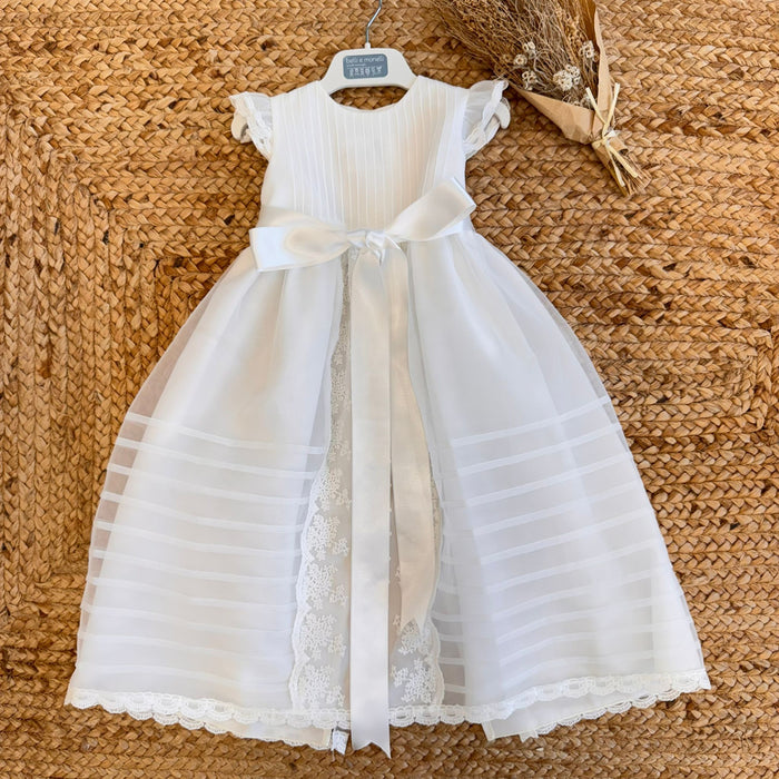 Abito battesimo neonata con pieghe plissé e pizzo