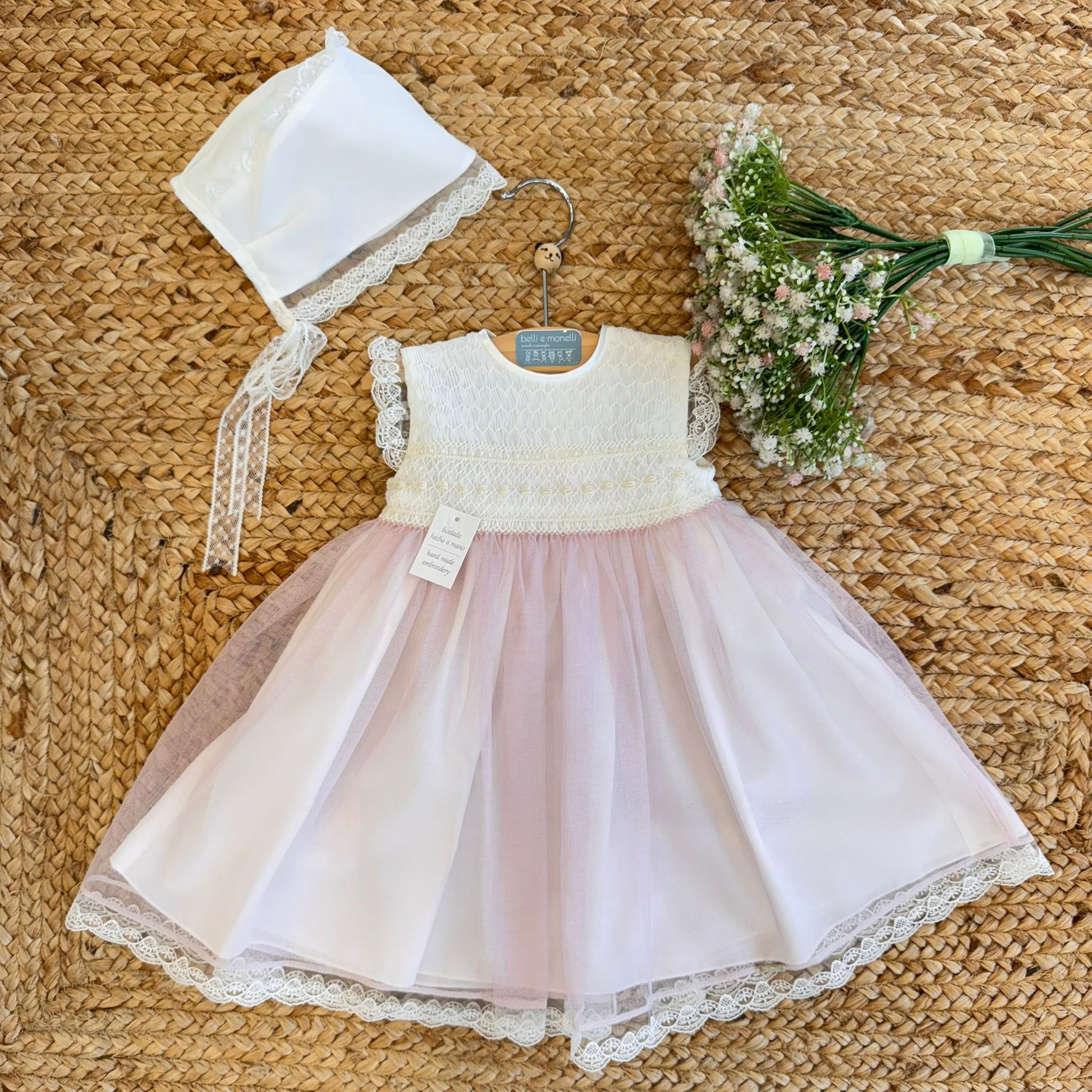 Abito battesimo neonata con punto smock rosa cipria