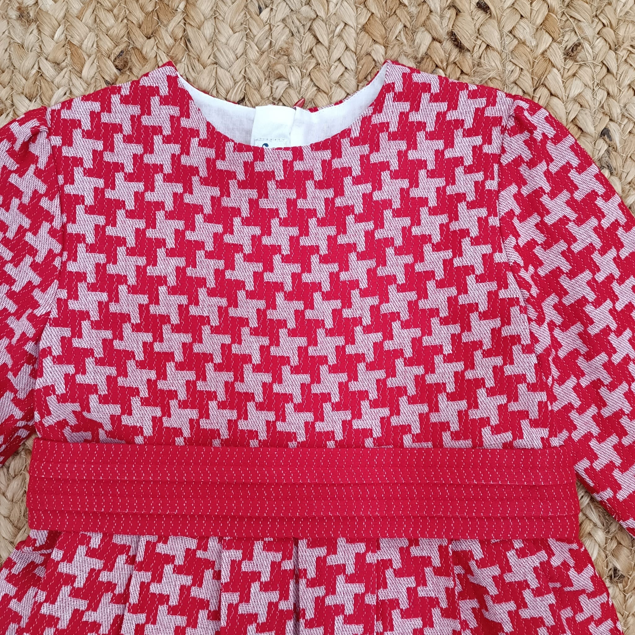 Abito Pied de Poule Rosso con Gonna a Pieghe