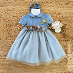 abito bimba velluto celeste con fiori e tulle