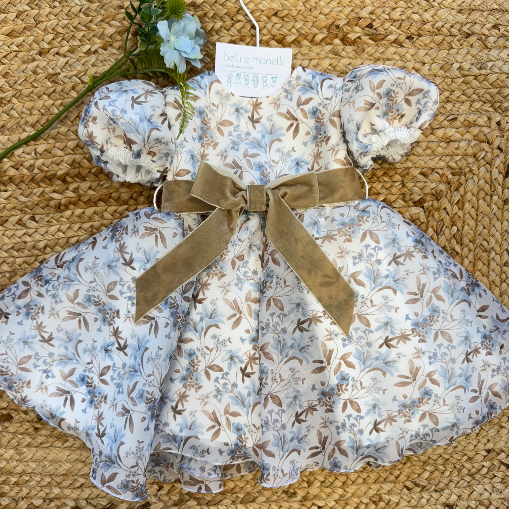 abito elegante bimba floreale con fiocco velluto tortora