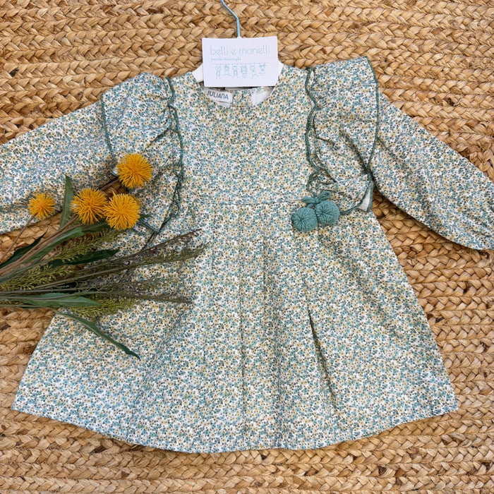 abito elegante bimba floreale verde con volant e pon pon