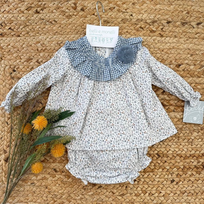 abito floreale con colletto vichy azzurro polvere per neonata