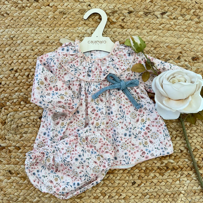 abito floreale in caldo cotone per neonata con fiocco azzurro