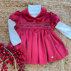 abito natale neonata velluto rosso con ricamo a nido d’ape