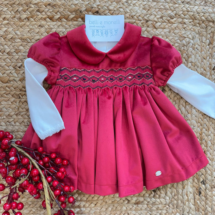 abito natale neonata velluto rosso con ricamo a nido d’ape