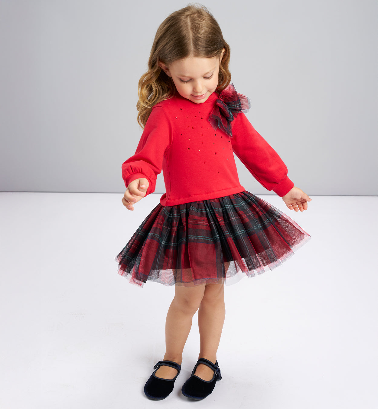 abito rosso con fiocco scozzese e tulle per bambina fronte