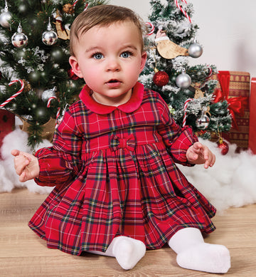 abito scozzese rosso caldo cotone per neonata davanti