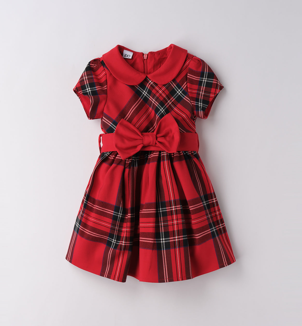 abito scozzese rosso con maxi fiocco per bambina fronte