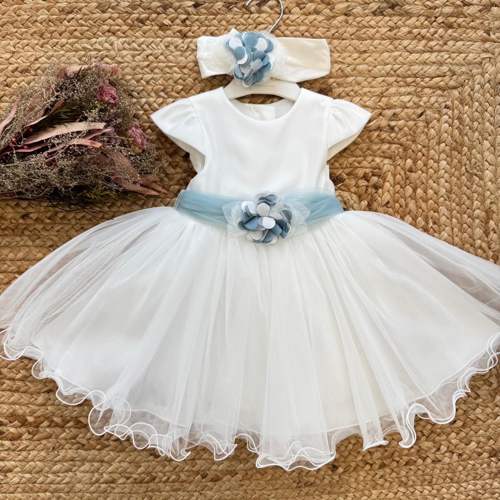 abito battesimo bimba bianco con fascia azzurro polvere