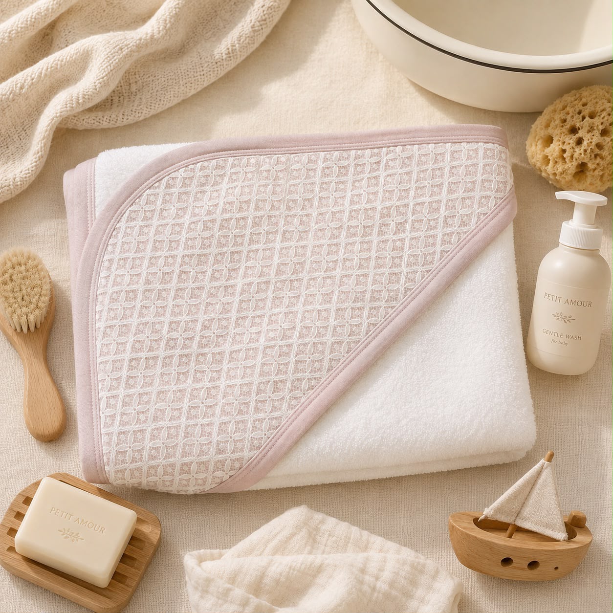 Accappatoio con cappuccio bambina in cotone e bambù panna con profili rosa e pizzo Made in Italy.