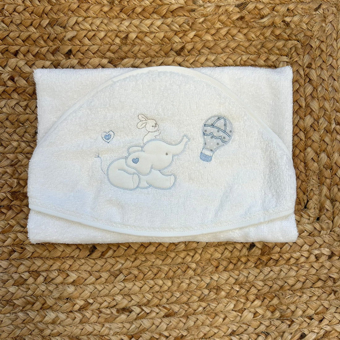 Accappatoio neonato con ricamo elefantino, coniglietto e mongolfiera