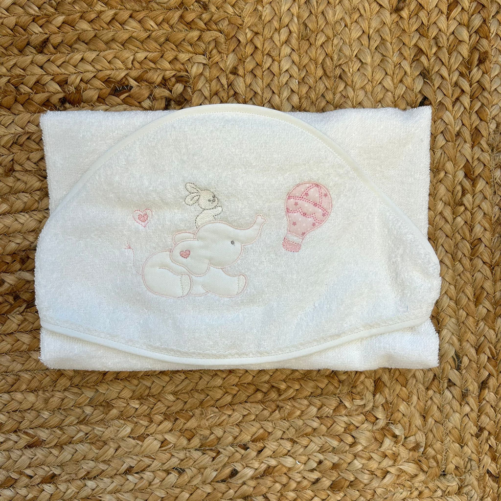 Accappatoio per neonata con elefantino rosa e mongolfiera ricamata
