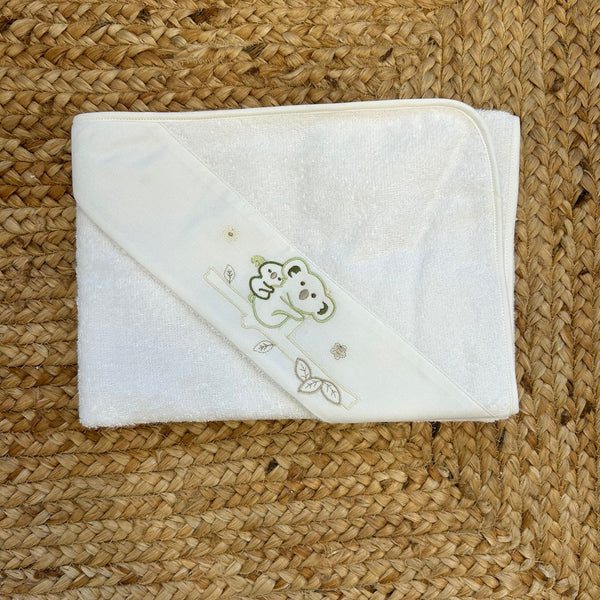 Accappatoio unisex in spugna con koala verde ricamato, ideale per baby shower