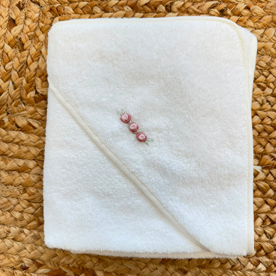 Accappatoio neonata in spugna bianco con roselline rosa antico