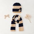 Set cappello e sciarpa bimba blu e beige a righe con applicazioni decorative