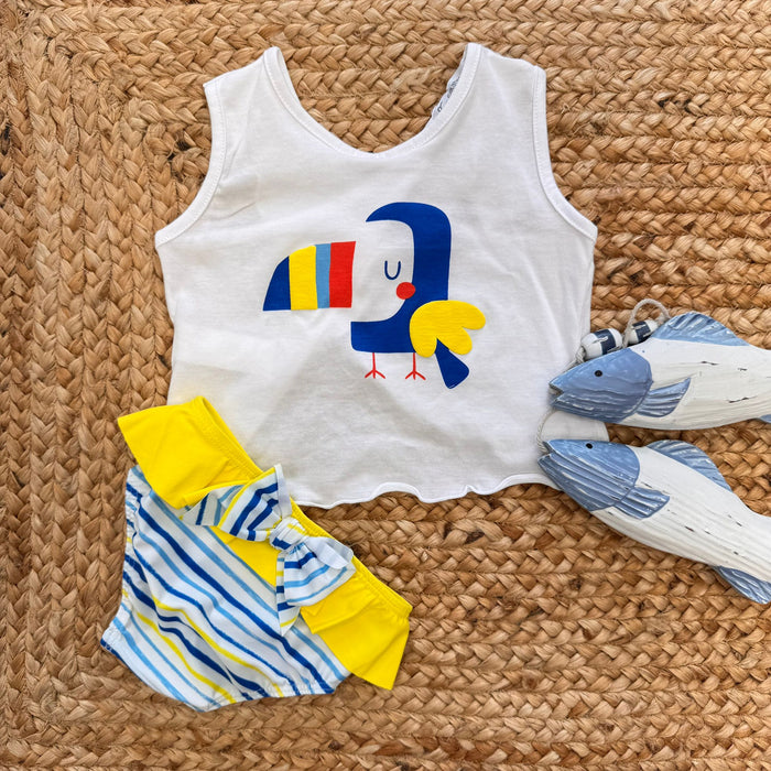COSTUMINO BIMBA RIGHE GIALLE CON FIOCCO E TOP PAPPAGALLO