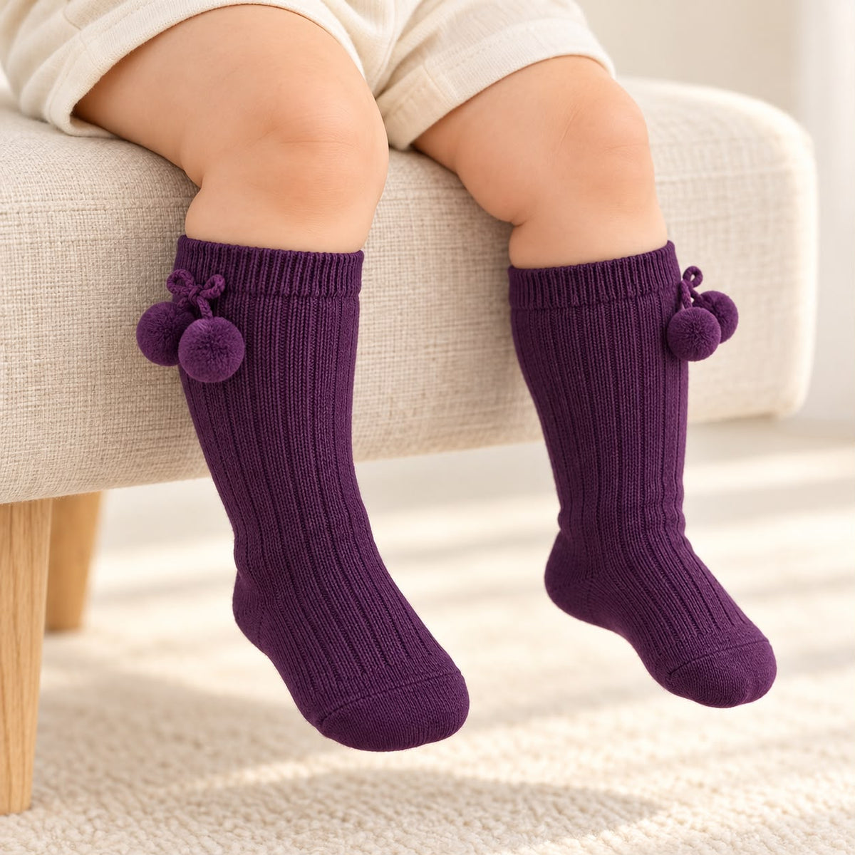 Calzettoni neonato unisex color prugna indossati, con lavorazione a costine verticali, bordo superiore a coste e doppi pompon laterali tono su tono.
